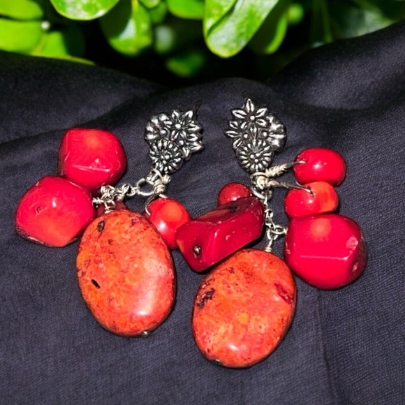 BARSE THAI ORANGE RED SPONGE CORAL STERLING SILVER DANGLE EARRINGS Drop Boho - Picture 1 of 5